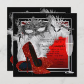 Vrouwen rood en zwart gemaskerd verjaardagsfeest kaart (Voorkant / Achterkant)