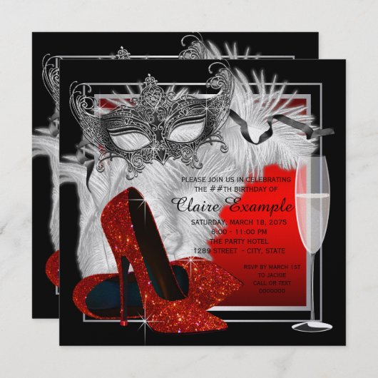 Vrouwen rood en zwart gemaskerd verjaardagsfeest kaart (Voorkant / Achterkant)