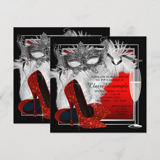 Vrouwen rood en zwart gemaskerd verjaardagsfeest kaart (Voorkant / Achterkant)