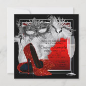 Vrouwen rood en zwart gemaskerd verjaardagsfeest kaart (Voorkant)