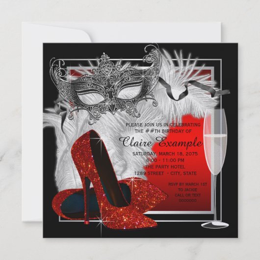 Vrouwen rood en zwart gemaskerd verjaardagsfeest kaart (Voorkant)