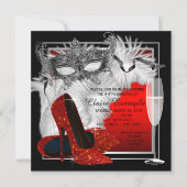Vrouwen rood en zwart gemaskerd verjaardagsfeest kaart (Voorkant)