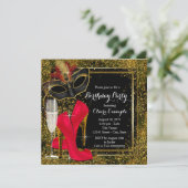 Vrouwen Rood Zwart Goud Hoge Heel Verjaardagsfeest Kaart (Staand voorkant)