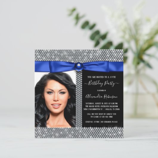 Vrouwen Royal Blue Diamond Foto Verjaardagsfeest Kaart (Staand voorkant)