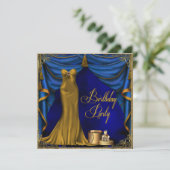Vrouwen Royal Blue Gold Art Deco Verjaardagsfeest Kaart (Staand voorkant)