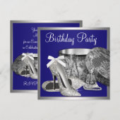 Vrouwen Royal Blue Zilveren Verjaardag Uitnodiging (Voorkant / Achterkant)
