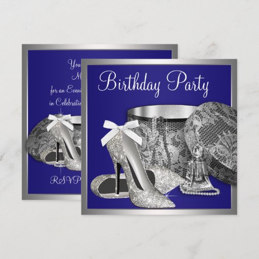 Vrouwen Royal Blue Zilveren Verjaardag Uitnodiging (Voorkant / Achterkant)