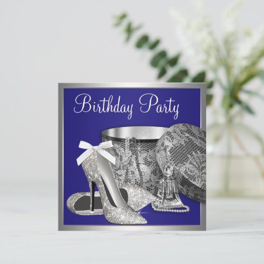Vrouwen Royal Blue Zilveren Verjaardag Uitnodiging (Staand voorkant)