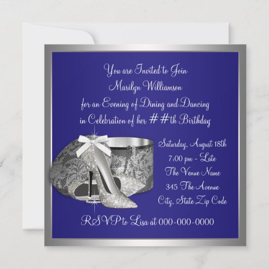 Vrouwen Royal Blue Zilveren Verjaardag Uitnodiging (Achterkant)