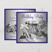 Vrouwen Royal Blue Zilveren Verjaardag Uitnodiging (Voorkant / Achterkant)