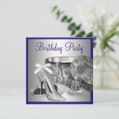 Vrouwen Royal Blue Zilveren Verjaardag Uitnodiging (Staand voorkant)