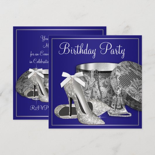 Vrouwen Royal Blue Zilveren Verjaardag Uitnodiging (Voorkant / Achterkant)