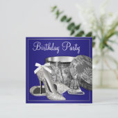 Vrouwen Royal Blue Zilveren Verjaardag Uitnodiging (Staand voorkant)