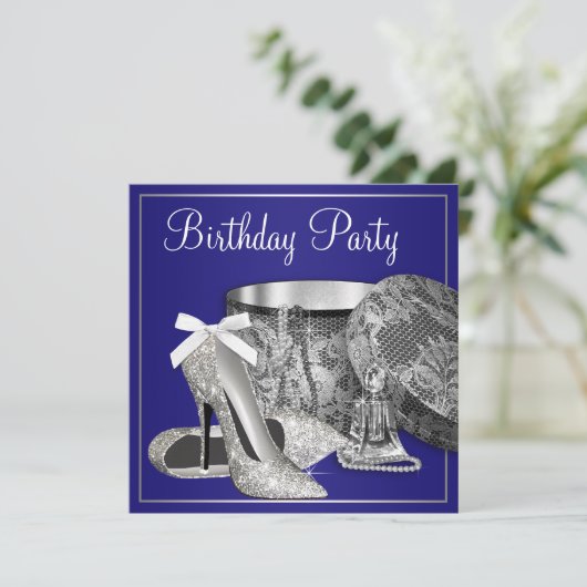 Vrouwen Royal Blue Zilveren Verjaardag Uitnodiging (Staand voorkant)