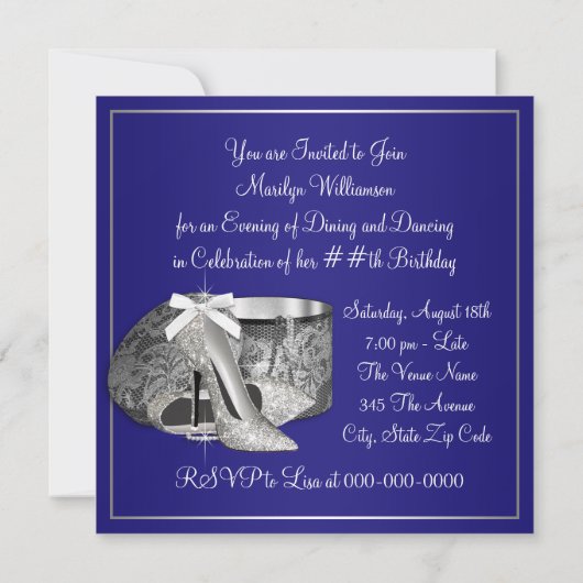 Vrouwen Royal Blue Zilveren Verjaardag Uitnodiging (Achterkant)
