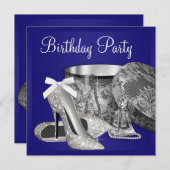 Vrouwen Royal Blue Zilveren Verjaardag Uitnodiging (Voorkant / Achterkant)