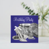 Vrouwen Royal Blue Zilveren Verjaardag Uitnodiging (Staand voorkant)