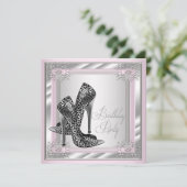 Vrouwen roze en grijs verjaardagsfeest kaart (Staand voorkant)