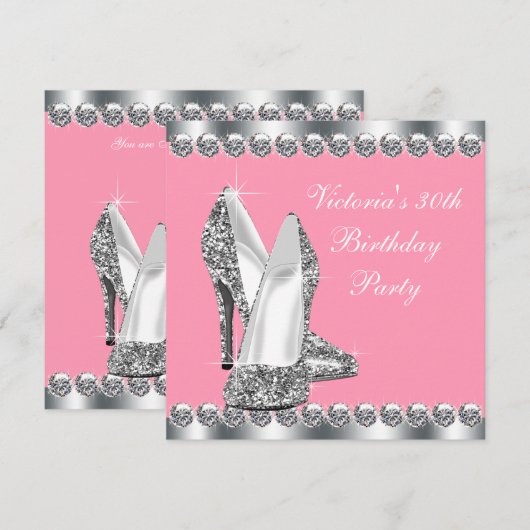 Vrouwen roze en zilveren verjaardagsfeestje kaart (Voorkant / Achterkant)