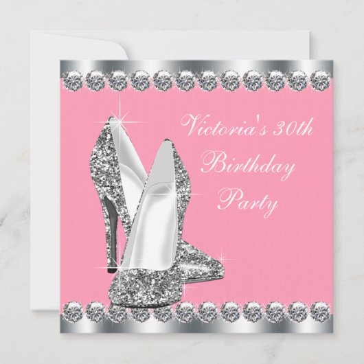 Vrouwen roze en zilveren verjaardagsfeestje kaart (Voorkant)