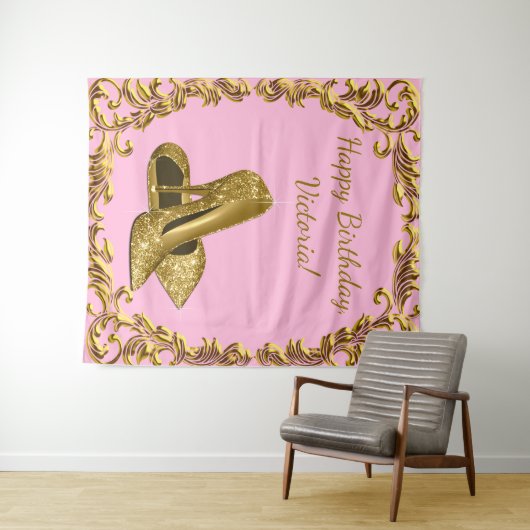 Vrouwen Roze Goud Hoge Hak Verjaardag L Achtergron Wandkleed (In Situ (horizontaal))