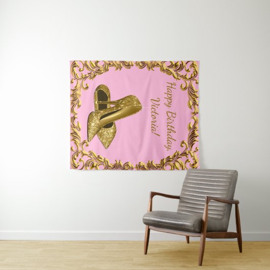 Vrouwen Roze Goud Hoge Hak Verjaardag M Achtergron Wandkleed (In Situ (horizontaal))