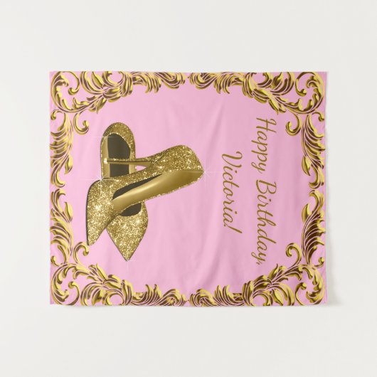 Vrouwen Roze Goud Hoge Hak Verjaardag M Achtergron Wandkleed (Voorkant (horizontaal))