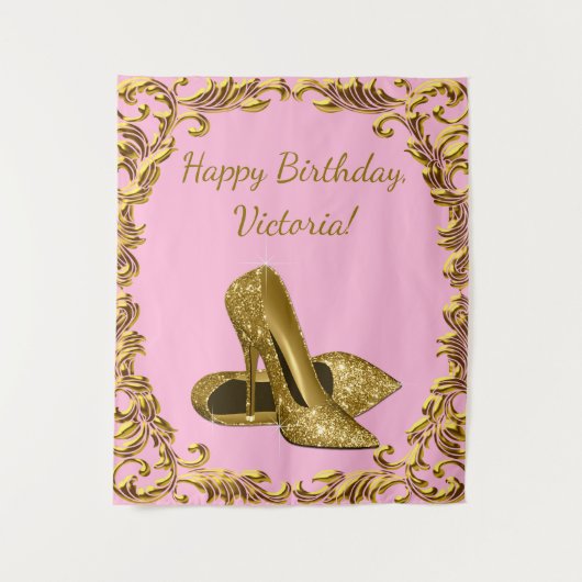 Vrouwen Roze Goud Hoge Hak Verjaardag M Achtergron Wandkleed (Voorkant)