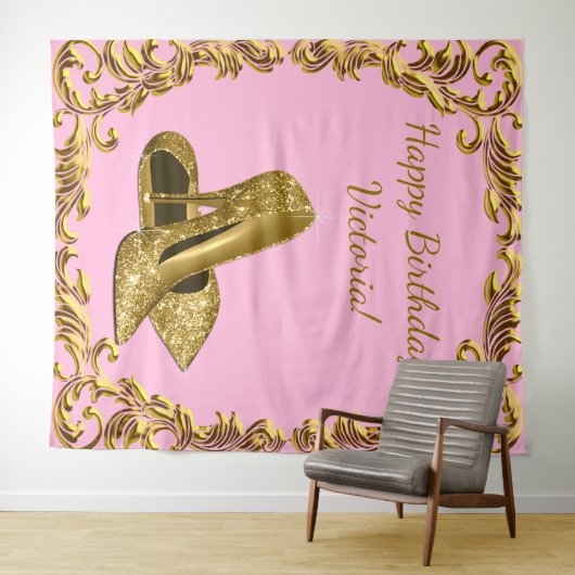 Vrouwen Roze Goud Hoge Hak Verjaardag XL Achtergro Wandkleed (In Situ (horizontaal))