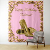 Vrouwen Roze Goud Hoge Hak Verjaardag XL Achtergro Wandkleed (In situ)