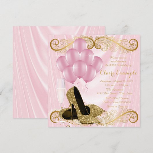 Vrouwen Roze Gouden Verjaardag Uitnodigingen (Voorkant / Achterkant)