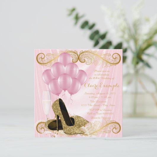 Vrouwen Roze Gouden Verjaardag Uitnodigingen (Staand voorkant)