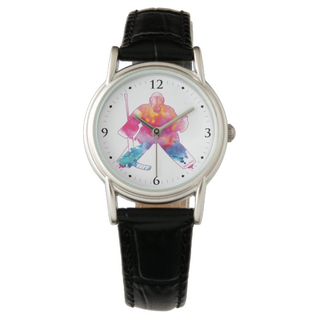 Vrouwen Roze Hockey Goalie Waterverf Horloge (Voorkant)