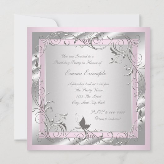 Vrouwen roze verjaardagsfeestje kaart (Achterkant)