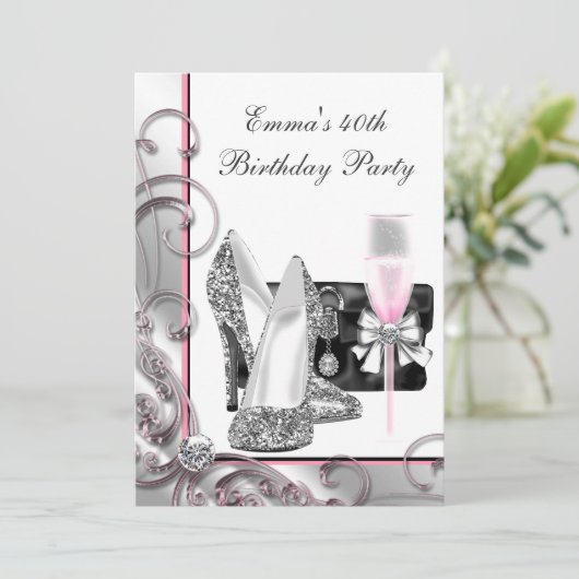 Vrouwen roze verjaardagsfeestje kaart (Staand voorkant)