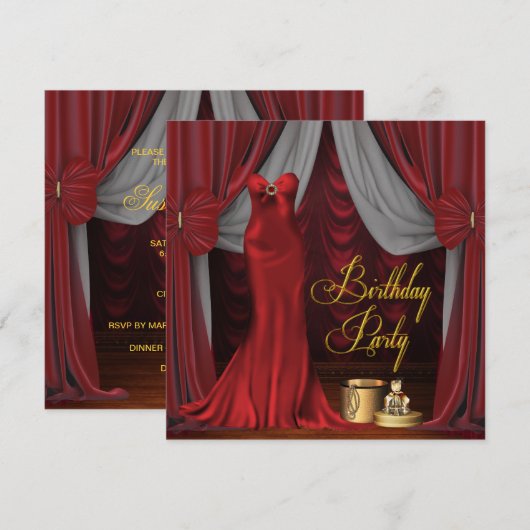 Vrouwen Ruby Red Gold Verjaardagsfeestje Kaart (Voorkant / Achterkant)