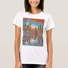 Vrouwen sinaasappel/blauw Fantasy abstract landsch T-shirt