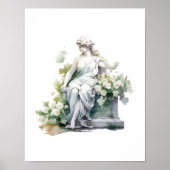 Vrouwen Standbeeld in Tuin Waterverf Wit Bloemen Poster (Voorkant)
