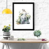 Vrouwen Standbeeld in Tuin Waterverf Wit Bloemen Poster