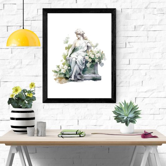 Vrouwen Standbeeld in Tuin Waterverf Wit Bloemen Poster