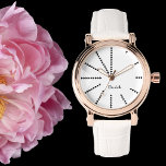 Vrouwen Stijlvol Elegant  Roos Goud Monogram Horloge<br><div class="desc">Creëer Uw eigen aangepaste, gepersonaliseerde, stijlvolle stijlvolle unieke stijlvolle moderne zwart-wit design driehoeken uren, monogram, dames roos gouden retro look stijl wit lederen bandhorloge. Gewoon typen in jouw naam / monogram / initialen, aan te passen. Maakt een geweldig cadeau, voor verjaardag, afstuderen, moederdag, kerst, feestdagen, bruiloft, huwelijksverjaardag, Valentijnsdag, en meer,...</div>