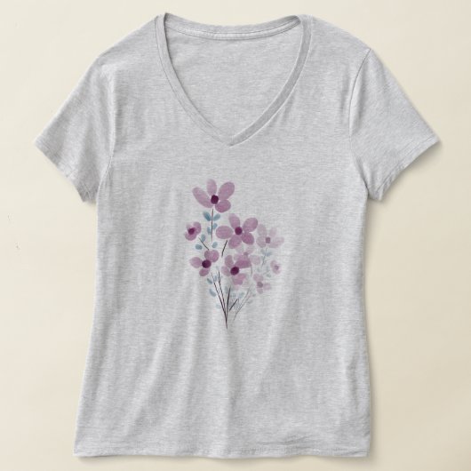 Vrouwen V-hals T-shirt paarse paarse bloemen (Laagn)