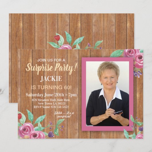 Vrouwen Verjaardag Party Foto Bloemen Hout Uitnodi Kaart (Voorkant / Achterkant)