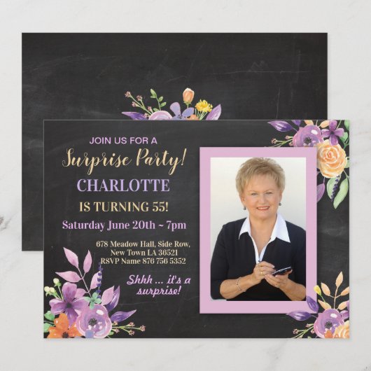 Vrouwen Verjaardagsfeest Foto Bloemen Krijt Uitnod Kaart (Voorkant / Achterkant)