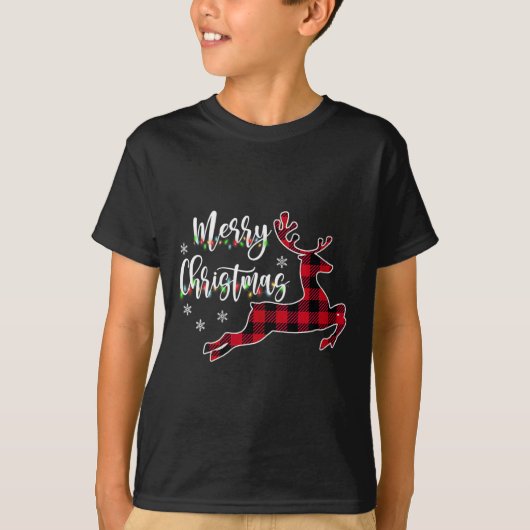 Vrouwen Vrolijk Kerstfeest Rendier Buffalo Plaid R T-shirt (Voorkant)