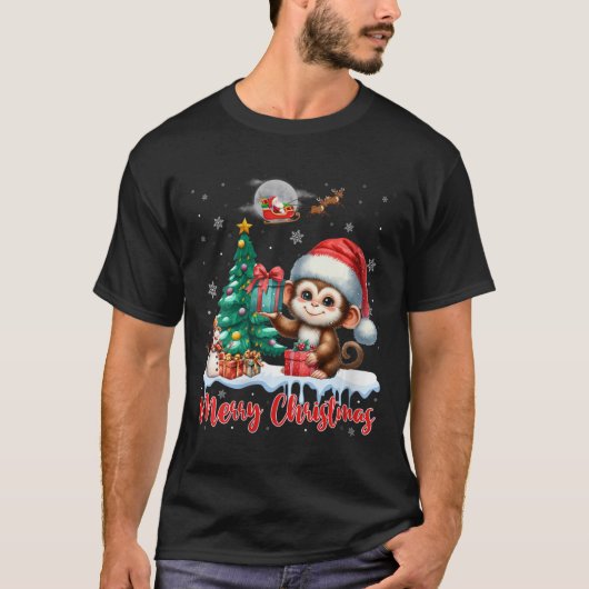 Vrouwen Vrolijk Kerstfeest Schattige Aap Santa Hat T-shirt (Voorkant)