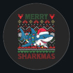 Vrouwen Vrolijke Sharkmas Lelijke Kersthaai Santa  Ronde Sticker<br><div class="desc">Vrouwen Vrolijke Sharkmas Lelijke Kersthaai Kerstman Hoed Lichten Xmas</div>