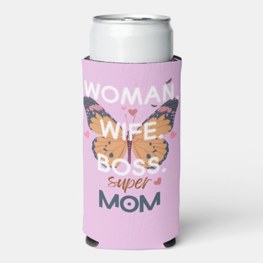 Vrouwen, vrouw, baas, super mam seltzer blikjeskoeler (Seltzer Voorkant)