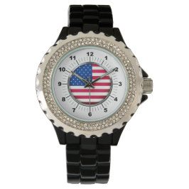 Vrouwen VS Vlag Strass Zwart emaille horloge