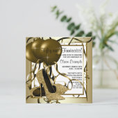 Vrouwen Wit Goud Hoge Hak Schoen Verjaardagsfeest Kaart (Staand voorkant)